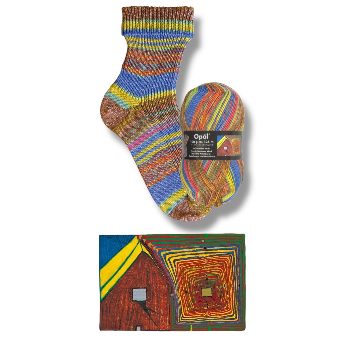 Opal SOCKENWOLLE NACH HUNDERTWASSER - BONIFAKTUR - 2100 Spiralsonne und Mondhaus - in Variation nach Hundertwasser - Werk 551 - Opal SOCKENWOLLE NACH HUNDERTWASSER